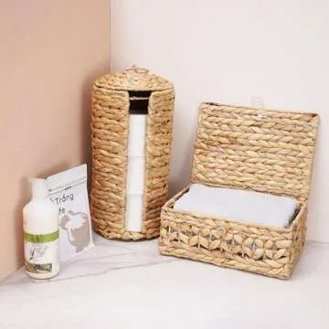 MINHKUST Wicker Toilet Paper Storage Stand with Lid, Rattan Toilet Paper Holder with Storage, Boho Woven Toilet Paper Basket for 3 Mega Rolls, Decorative Toilet Tissue Holder for Bathroom