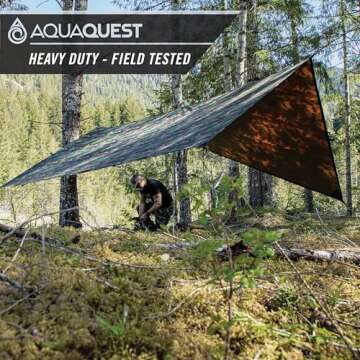 AquaQuest Defender Camping Tarp - Heavy Duty Tent Shelter or Rain Fly - Waterproof Camping Essentials for Hiking, Bushcraft & Hammock, 15 x 15 ft, Woodland Camo