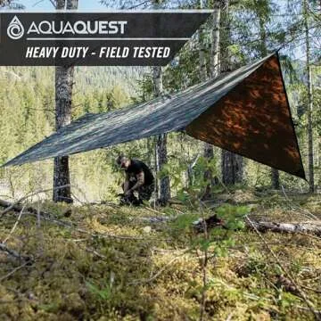 AquaQuest Defender Camping Tarp - Heavy Duty Tent Shelter or Rain Fly - Waterproof Camping Essentials for Hiking, Bushcraft & Hammock, 15 x 15 ft, Woodland Camo