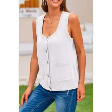 PRETTYGARDEN Women's 2024 Spring Vests Sleeveless Button Down Knitted Tank Tops Casual Y2K Sweater Top Blouse with Pockets (White,Small)