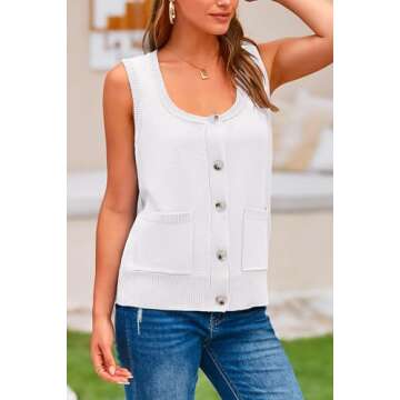 PRETTYGARDEN Women's 2024 Spring Vests Sleeveless Button Down Knitted Tank Tops Casual Y2K Sweater Top Blouse with Pockets (White,Small)