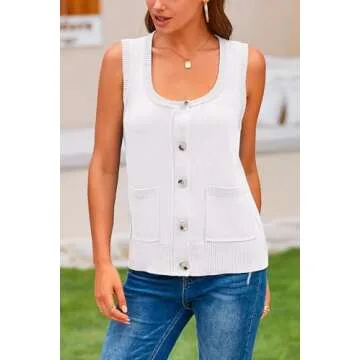 PRETTYGARDEN Women's 2024 Spring Vests Sleeveless Button Down Knitted Tank Tops Casual Y2K Sweater Top Blouse with Pockets (White,Small)
