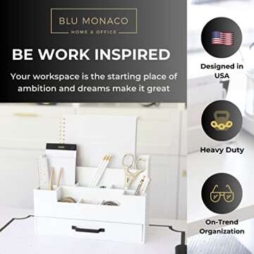BLU MONACO White Wooden Desk Organizer with Drawer - Office Desk Accessories and Organizer Desk Cadd...