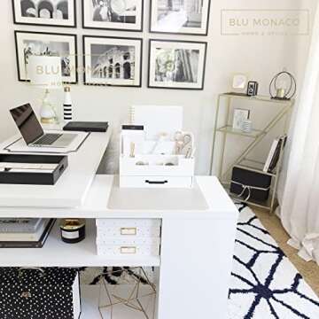 BLU MONACO White Wooden Desk Organizer with Drawer - Office Desk Accessories and Organizer Desk Caddy - Office Organizer - Office Organizers for Desk Supplies for Women Office - Desk Top Organizing