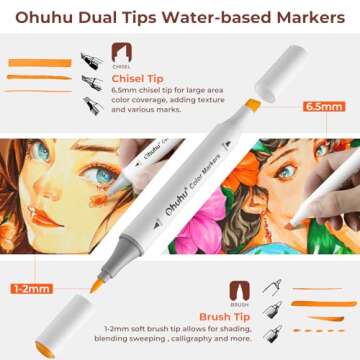 Ohuhu Markers Brush Chisel Tip: Water-Based 60 Colors Double Tipped Art Markers for Adults Coloring ...