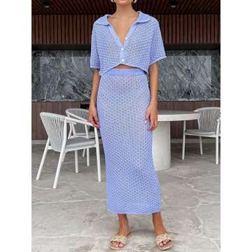 Chic Women's Crochet Knit 2 Piece Skirt Set for Summer