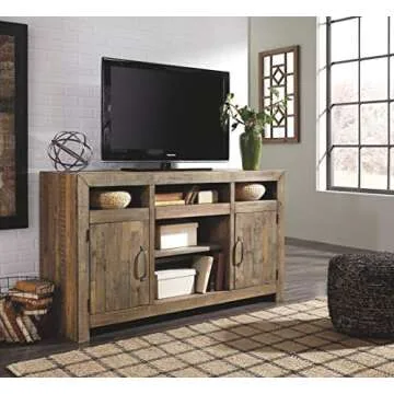 Signature Design by Ashley Sommerford Rustic Solid Pine Wood TV Stand Fits TVs up to 60", 2 Cabinets, 3 Storage Cubbies, 2 Adjustable Shelves, Brown