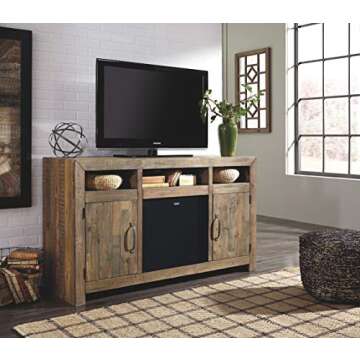 Signature Design by Ashley Sommerford Rustic Solid Pine Wood TV Stand Fits TVs up to 60", 2 Cabinets, 3 Storage Cubbies, 2 Adjustable Shelves, Brown