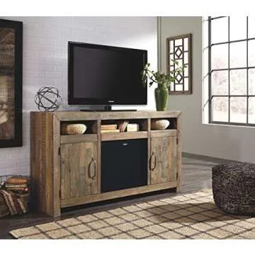 Signature Design by Ashley Sommerford Rustic Solid Pine Wood TV Stand Fits TVs up to 60", 2 Cabinets, 3 Storage Cubbies, 2 Adjustable Shelves, Brown