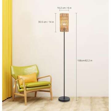 Floor Lamp for Living Room,Farmhouse Rattan Floor lamp,Modern Standing lamp with Hand-Worked Rattan Shade,Black Tall Lamp with Foot Switch