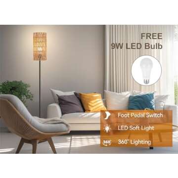 Floor Lamp for Living Room,Farmhouse Rattan Floor lamp,Modern Standing lamp with Hand-Worked Rattan Shade,Black Tall Lamp with Foot Switch
