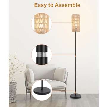 Floor Lamp for Living Room,Farmhouse Rattan Floor lamp,Modern Standing lamp with Hand-Worked Rattan Shade,Black Tall Lamp with Foot Switch