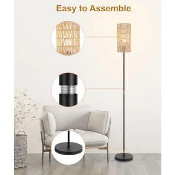 Floor Lamp for Living Room,Farmhouse Rattan Floor lamp,Modern Standing lamp with Hand-Worked Rattan Shade,Black Tall Lamp with Foot Switch