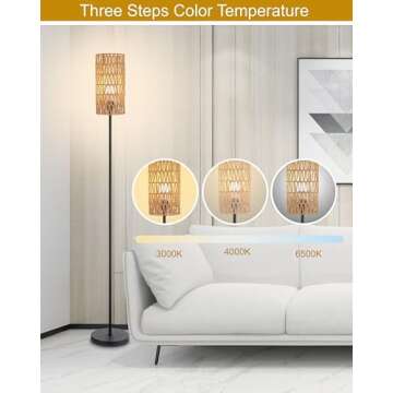 Floor Lamp for Living Room,Farmhouse Rattan Floor lamp,Modern Standing lamp with Hand-Worked Rattan Shade,Black Tall Lamp with Foot Switch