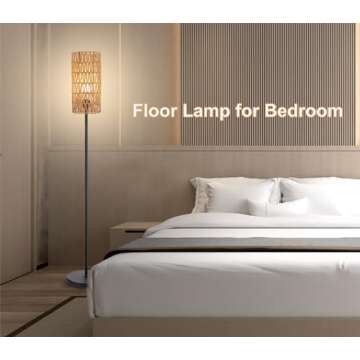 Floor Lamp for Living Room,Farmhouse Rattan Floor lamp,Modern Standing lamp with Hand-Worked Rattan Shade,Black Tall Lamp with Foot Switch