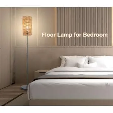 Floor Lamp for Living Room,Farmhouse Rattan Floor lamp,Modern Standing lamp with Hand-Worked Rattan Shade,Black Tall Lamp with Foot Switch