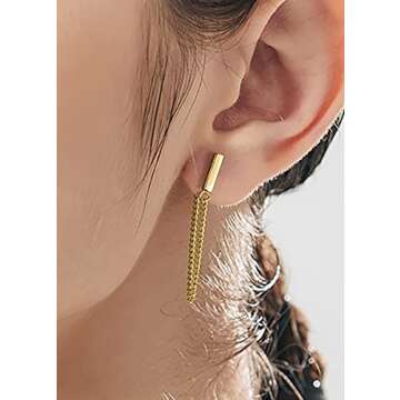 Reffeer 925 Sterling Silver Stud Earrings Minimalist Bar Earrings with Chain Dangle Earrings For Women (B-Gold-6cm)