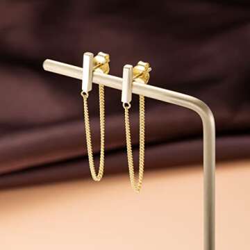Reffeer 925 Sterling Silver Stud Earrings Minimalist Bar Earrings with Chain Dangle Earrings For Women (B-Gold-6cm)