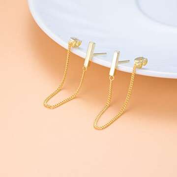 Reffeer 925 Sterling Silver Stud Earrings Minimalist Bar Earrings with Chain Dangle Earrings For Women (B-Gold-6cm)