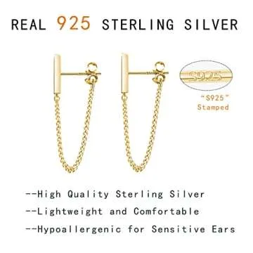 Reffeer 925 Sterling Silver Stud Earrings Minimalist Bar Earrings with Chain Dangle Earrings For Women (B-Gold-6cm)