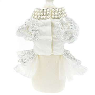 Luxury Lace Pearl Dog Dress for Cat Pet Dog Skirt Embroidery Dog Wedding Dress Apparel Summer Dog Shirt Clothes (S(Back 11.0" bust11.4), White)