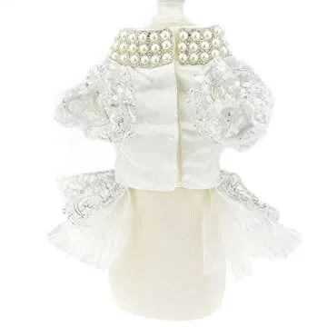 Luxury Lace Pearl Dog Dress for Cat Pet Dog Skirt Embroidery Dog Wedding Dress Apparel Summer Dog Shirt Clothes (S(Back 11.0" bust11.4), White)