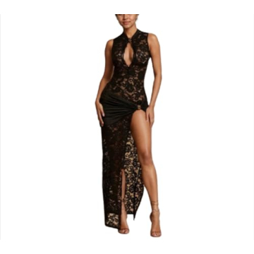 OCUH Sexy Slit Dress for Women Lace Sheer Maxi Dress Hollow Out Sleeveless Slim Fit Dress High Slit ...