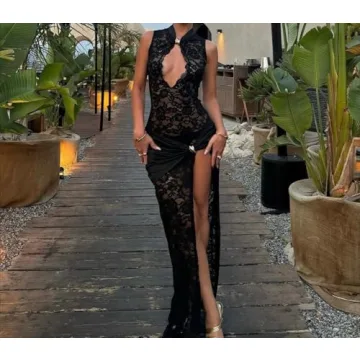 OCUH Lace Maxi Dress with High Slit for Elegant Style