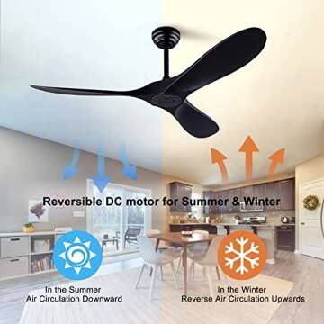 QUTWOB 52" Ceiling Fan with Remote Control No Lights,Modern Reversible DC Motor Indoor Outdoor 3 Blades Ceiling Fans for Patio Bedroom Living Room(Black)