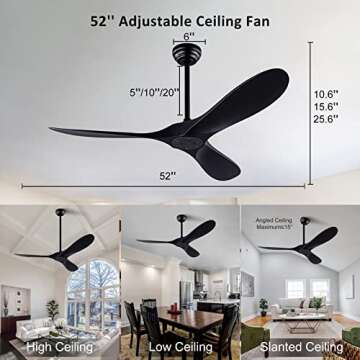 QUTWOB 52" Ceiling Fan with Remote Control No Lights,Modern Reversible DC Motor Indoor Outdoor 3 Blades Ceiling Fans for Patio Bedroom Living Room(Black)