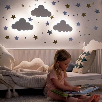 Nursery Cloud Night Light (Pack of 1) with Star Wall Decals - Rechargeable & Dim Light for Baby Nurs...