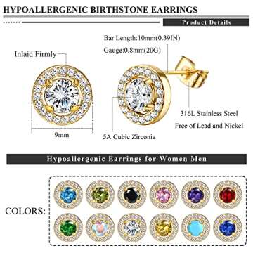 CASSIECA Cubic Zirconia Stud Earrings | 18K White Gold Hypoallergenic Birthstone Earrings | Brilliant Large Simulated Diamond Halo Stud Earrings for Women Men