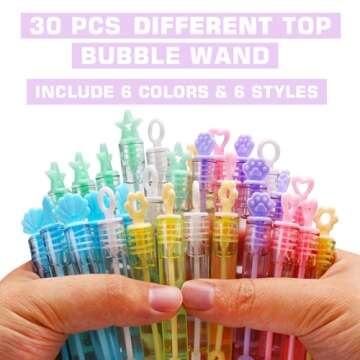 30 Pack Mini Bubble Wands(6 Style, 6 Colors), Bulk Bubble Party Favors, Goody Bags for Kid, Great Summer Outdoor Indoor Toys Gifts for Boy Girl, Valentine Christmas Party Supplies