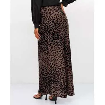 Women's Leopard Print Satin Maxi Skirt High Waisted Elastic Waistband Silk A-Line Casual Party 2025 Summer Long Skirts（Leopard Brown02, Small）