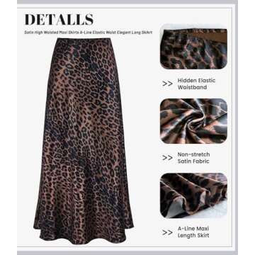Women's Leopard Print Satin Maxi Skirt High Waisted Elastic Waistband Silk A-Line Casual Party 2025 Summer Long Skirts（Leopard Brown02, Small）