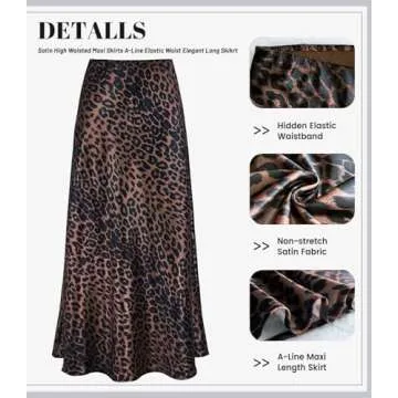 Women's Leopard Print Satin Maxi Skirt High Waisted Elastic Waistband Silk A-Line Casual Party 2025 Summer Long Skirts（Leopard Brown02, Small）