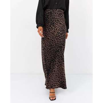 Women's Leopard Print Satin Maxi Skirt High Waisted Elastic Waistband Silk A-Line Casual Party 2025 Summer Long Skirts（Leopard Brown02, Small）