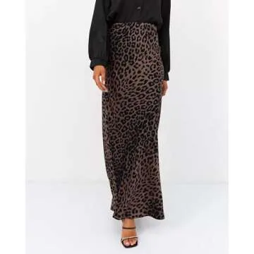 Women's Leopard Print Satin Maxi Skirt High Waisted Elastic Waistband Silk A-Line Casual Party 2025 Summer Long Skirts（Leopard Brown02, Small）