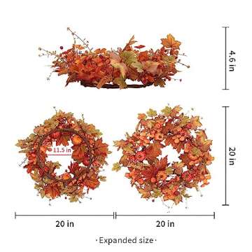 VioletEverGarden 20inch Artificial Fall Wreath with Pumpkins and Maple Leaf Orange Fall Door Wreaths Farmhouse and Thanksgiving Fall Wreaths for Front Door