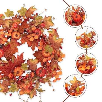 VioletEverGarden 20inch Artificial Fall Wreath with Pumpkins and Maple Leaf Orange Fall Door Wreaths Farmhouse and Thanksgiving Fall Wreaths for Front Door