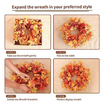 VioletEverGarden 20inch Artificial Fall Wreath with Pumpkins and Maple Leaf Orange Fall Door Wreaths Farmhouse and Thanksgiving Fall Wreaths for Front Door