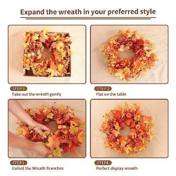 VioletEverGarden 20inch Artificial Fall Wreath with Pumpkins and Maple Leaf Orange Fall Door Wreaths Farmhouse and Thanksgiving Fall Wreaths for Front Door