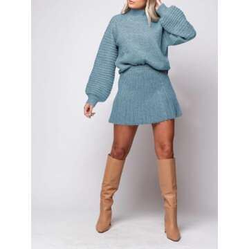 Zwurew Women's 2 Piece Outfits 2024 Long Sleeve Mock Neck Ribbed Sweaters And Mini Skirt Two Piece Sets