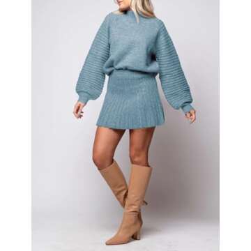 Zwurew Women's 2 Piece Outfits 2024 Long Sleeve Mock Neck Ribbed Sweaters And Mini Skirt Two Piece Sets