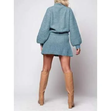 Zwurew Women's 2 Piece Outfits 2024 Long Sleeve Mock Neck Ribbed Sweaters And Mini Skirt Two Piece Sets