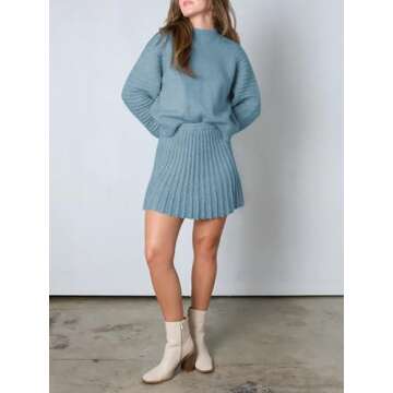 Zwurew Women's 2 Piece Outfits 2024 Long Sleeve Mock Neck Ribbed Sweaters And Mini Skirt Two Piece Sets