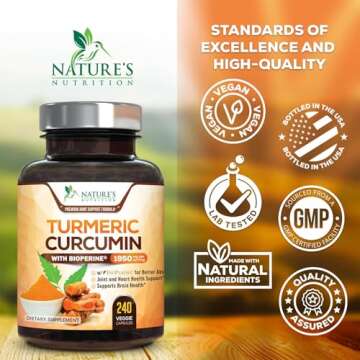 Turmeric Curcumin Supplement with BioPerine 95% Curcuminoids 1950mg with Organic Turmeric & Black Pepper for Best Absorption, Bottled in USA, Vegan Joint Support, Natures Tumeric Pills - 240 Capsules