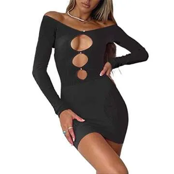 Yuemengxuan Women Sexy Hollow Out Cutout Mini Dress Slim Fit Bodycon Long Sleeve Mesh Bandage Dress for Party Club (Black, Small)