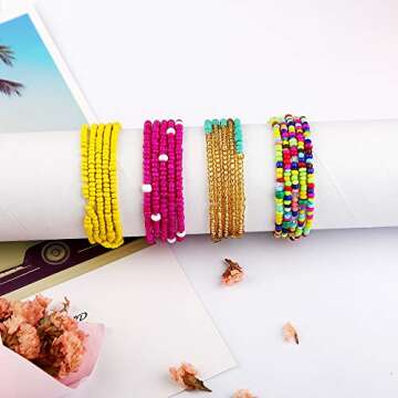 yansport Elastic Waist Bead Body Chain, 14PC Colorful African Belly Beads, Bikini Waist Beads Chains Set, Summer Fashion Jewelry for Women and Girls (Waist Bead Set A)