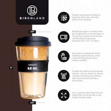 Birchland Double Wall Glass Coffee Cup with Lid, Insulated Coffee Tumbler, 12 oz, Reusable Travel Co...